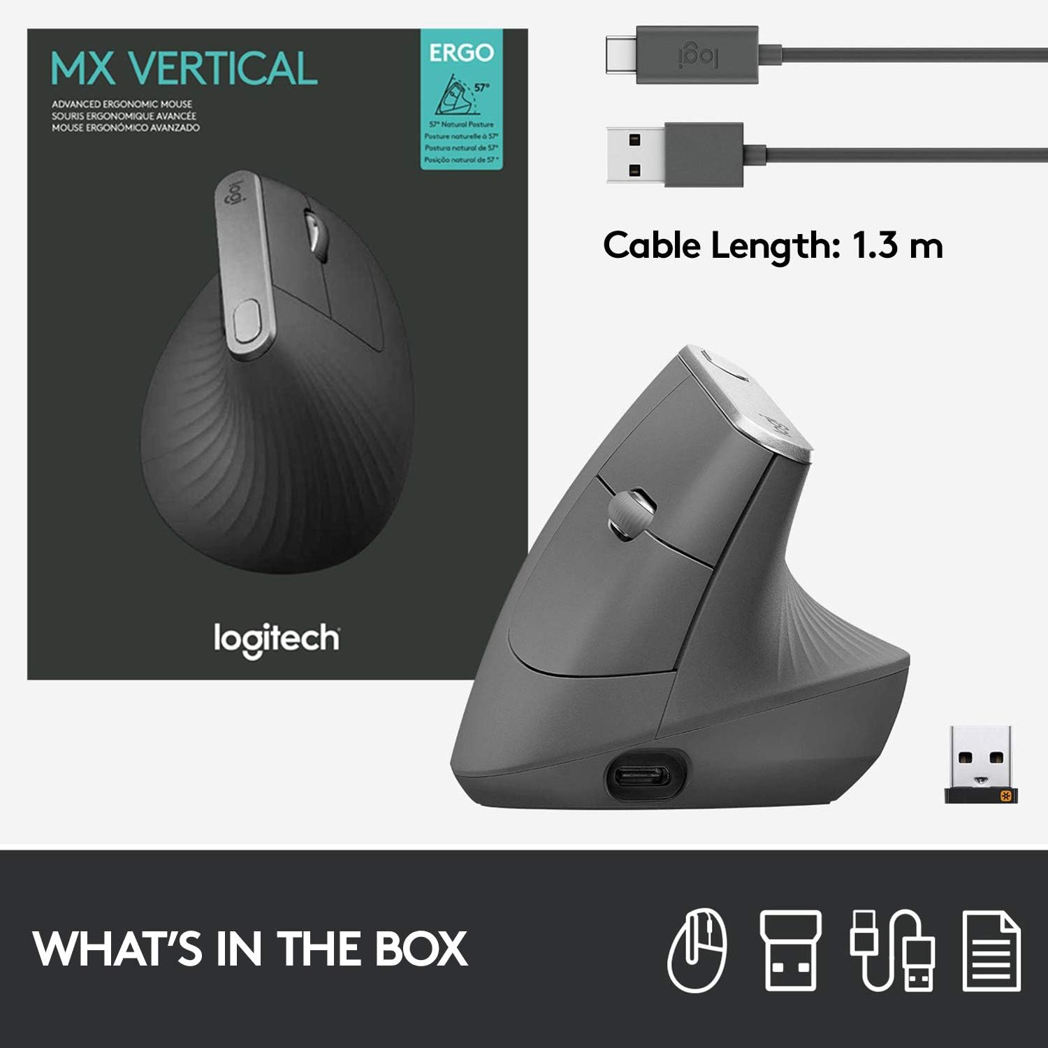 Logitech MX Vertical Wireless Mouse Ergonomic Design Reduces Muscle Strain, Move Content Between 3 Windows and Apple Computers, Rechargeable