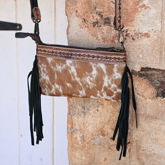 BILLIE Hand-Tooled Cowhide Fringe Crossbody Clutch Bag with Strap