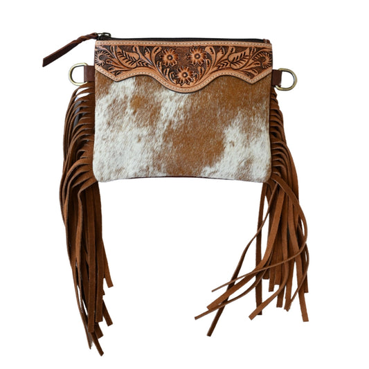 Hand-Tooled Cowhide Fringe Crossbody Clutch with Detachable Strap