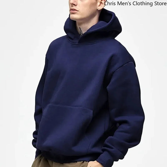 Heavyweight Men's Cotton-Blend Hooded Sweatshirt Autumn Winter Casual Solid-Color