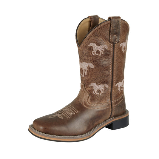 Kids' Selina Western Boots: Oiled Distress Brown, Square Toe, Horse Embroidery